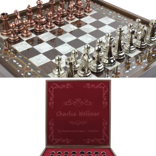 Antochia Crafts Personalisiertes Schach-Set aus Holz, Mosaikmuster, mit Metallfiguren, personalisierbar, 40 cm Cover