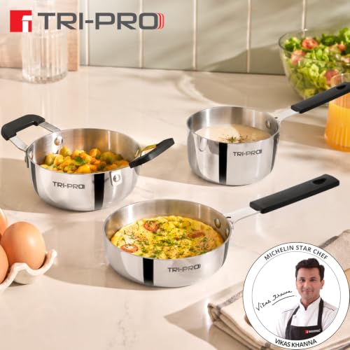 Image of TriPro Triply Mini Cookware Set 3 Pcs Mini Set - 12cm (550ml) Saucepan, 14cm Frypan, 14cm (600ml) Kadai, Compact Kitchen Cooking Set, Bakelite Handle, Healthy Cooking - Induction and Gas Stove Ready
