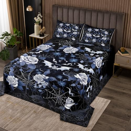 Feelyou Kids Rose Coverlet Set Queen Size, Spider Web Bedspread Halloween Decor Quilted Coverlet for Boys Girls Bat Quilted Room Decor with 2 Pillow Case