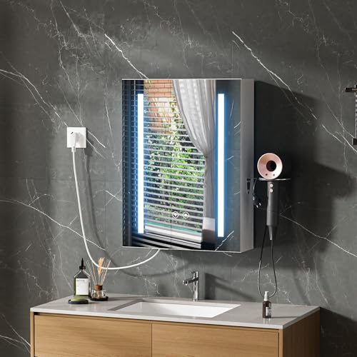 Ztexkee Specchio Bagno Contenitore con Luce e Antiappannamento Armadietto Bagno a Parete con Presa Supporto per asciugacapelli e 2 Mensola Regolabile, Porta asciugacapelli 45 * 15 * 60 cm bianco