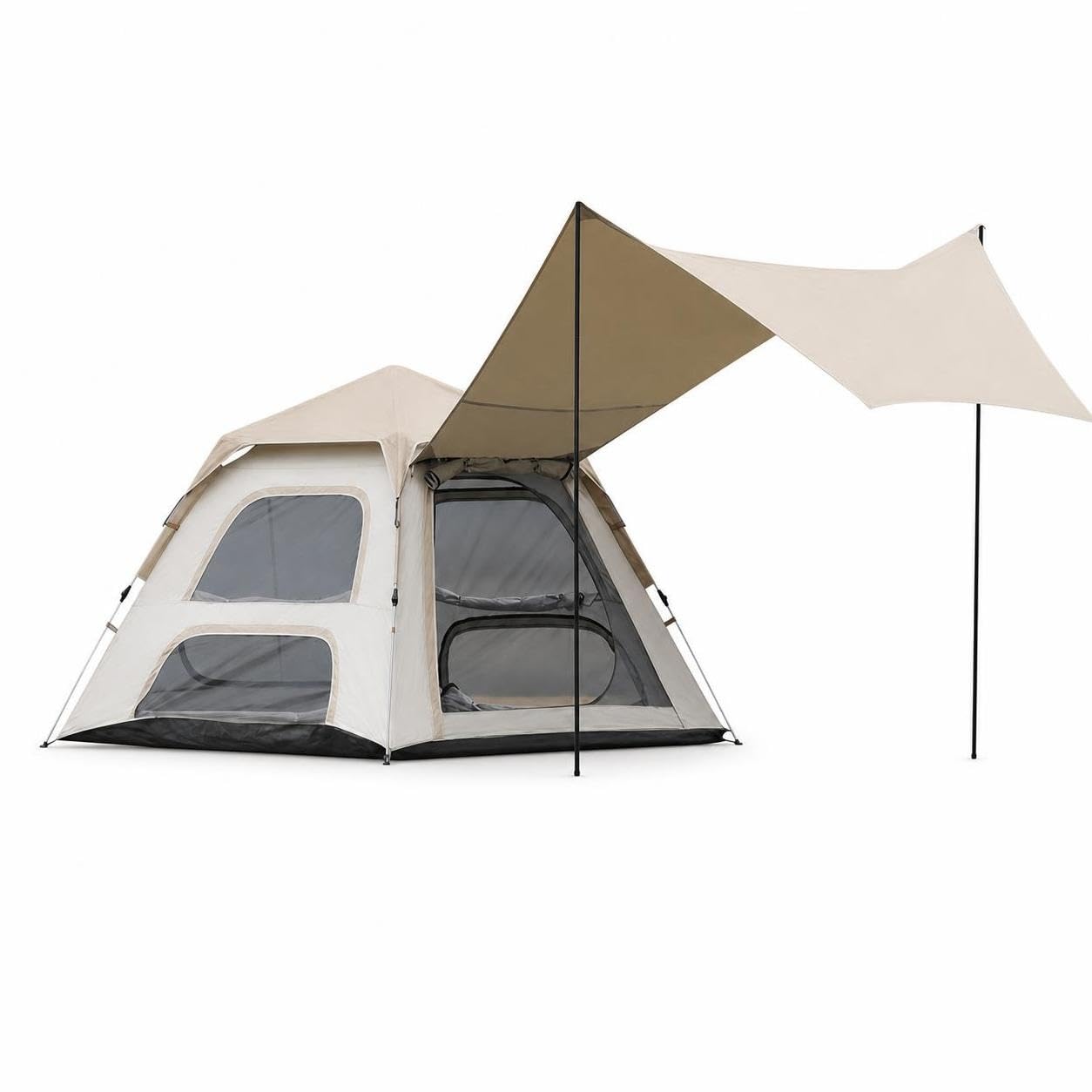 Tienda campaña automática con toldo para camping familiar al aire libre en color blanco cremoso