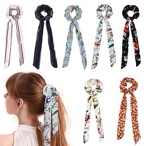 TOBATOBA 7Pcs Chiffon Hair Scrunchies Bowknot Ribbon Elastics Hair Bands Scrunchy Flowers Hair Rope Ties Hair Bow Ponytail Holder for Women