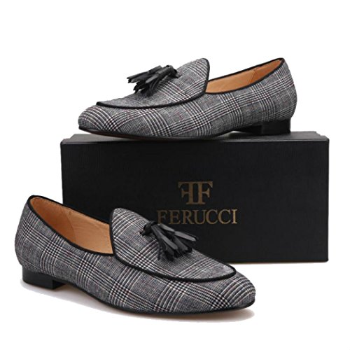 FERUCCI Handmade Men Gray Black Striped Fabric Loafer with Tassel Slippers2