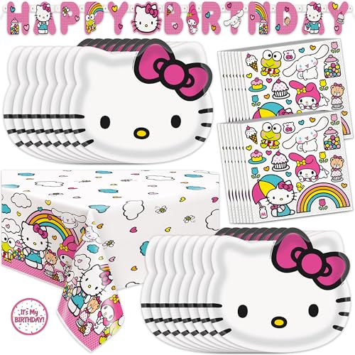 Hello Kitty Birthday Decorations for 16 | Banner Tablecloth Plates Napkins | Officially Licensed Hello Kitty Party Decorations
