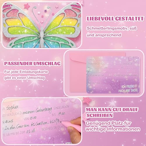 woric 12 Stück Einladungskarten Kindergeburtstag, 15 x 10,5 cm Einladungskarten Schmetterlingen mit 12 Umschläge Geburtstagseinladungen Kinder Partyeinladungen für Mädchen Jungen
