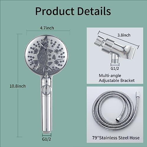 Handheld Shower Heads with ON/OFF Switch,Extra Long 79-inch Hose 8 Spray Settings High Pressure Detachable Showerhead,Built-in Power Sprayer to Clean Pets, Adjustable Angle Bracket,Silver Handheld Shower Heads with ON/OFF Switch,Extra Long 79-inch Hose 8 Spray Settings High Pressure Detachable Showerhead,Built-in Power Sprayer to Clean Pets, Adjustable Angle Bracket,Silver