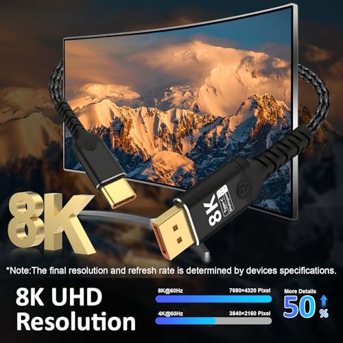 Herfair Displayport to USB C - Bidirectional USB C to DisplayPort 1.4 Cable Support 8K@60Hz Resolution Braided Thunderbolt 4 Compatible with MacBook Pro/Air, Galaxy S25, iPad Pro, XPS 17, 3FT by Herfair - Image 4