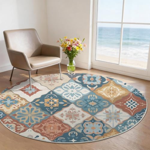 Tapis rond 90 cm bleu multicolore patchwork pour salon et chambre - 3