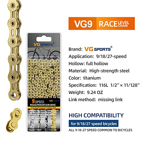 VG SPORTS Cadena de bicicleta de velocidad 6/7/8/9/10/11, cadena de bicicleta ligera de media hueca, para bicicleta de montaña, bicicleta de carretera, 1/2 × 11/128 pulgadas, 116 enlaces