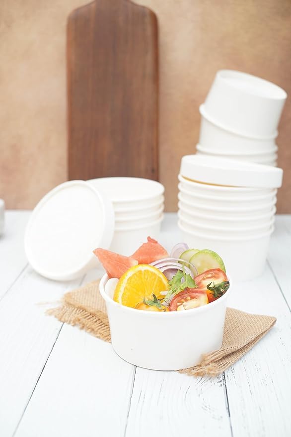 Image of [150 ml, 15 Count, White Disposable Bagasse Paper Container with Lid | Eco-Friendly Bowl /Tub for Picnic, Travel, Food Truck | Ideal for Both Hot & Cold Food
