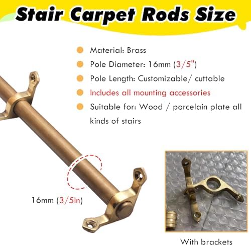 Set of 13 Brown Brass Stair Rods for Carpet Runners, 20in Tubular Poles with Holder Brackets, Durable Carpet Fixed Bars for Staircase Decoration and Stability