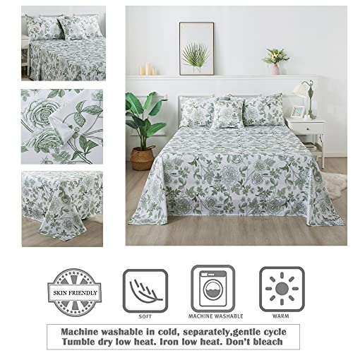 Image of FADFAY Sheets Set Full Vintage White and Green Floral Bedding Elegant Peony Sheets Set Shabby Rose Farmhouse Bedding 100% Egyptian Cotton 800 Thread Count Deep Pocket Fitted Sheet 4Pcs, Full Size