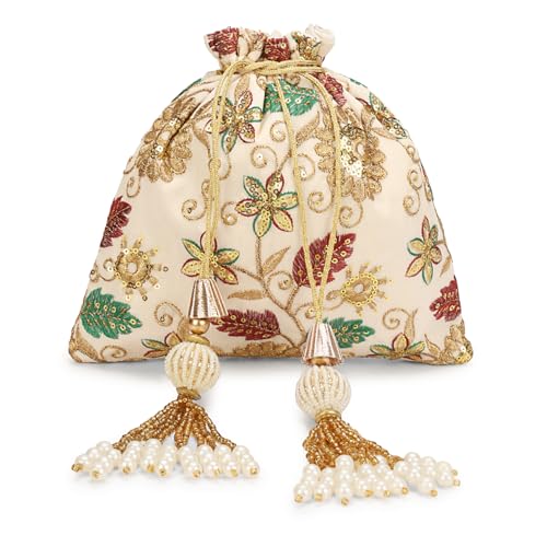 Image of LONGING TO BUY Indian Embroidered Pearl Potli Bag For Women, Sequence Design with Tassel, Wedding Potli Bags