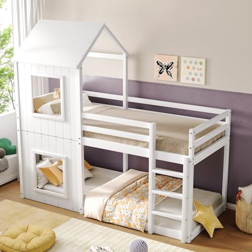 Kinderbett 90x200 Etagenbett für 2 Kinder, Hausbett Hochbett mit Leiter und Baldachin, Baumhausbett Stockbett Kinderhochbett Jugendhochbett mit Rausfallschutz und Lattenrost, Ohne Matratze, Weiß