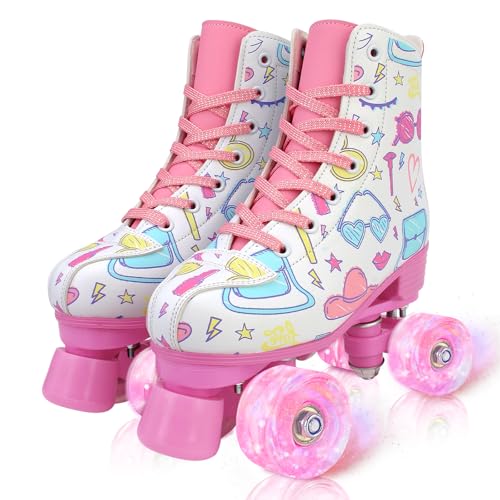 YYW Roller Skates for Girls Light Up Kids Roller Skate Double Row High Top Pink Graffiti Roller Derby Skates Girl Ages 8-12 Quad Skates White with Flashing Wheel 35-8.97in - Youth 4