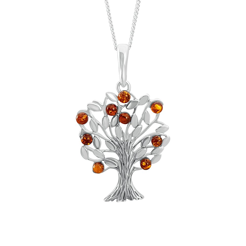 925 Sterling Silver Tree Of Life Pendant Necklace With Trunk Detail Inset with Brown Amber on 18" Italian diamond Cut Curb Or Trace Chain.
