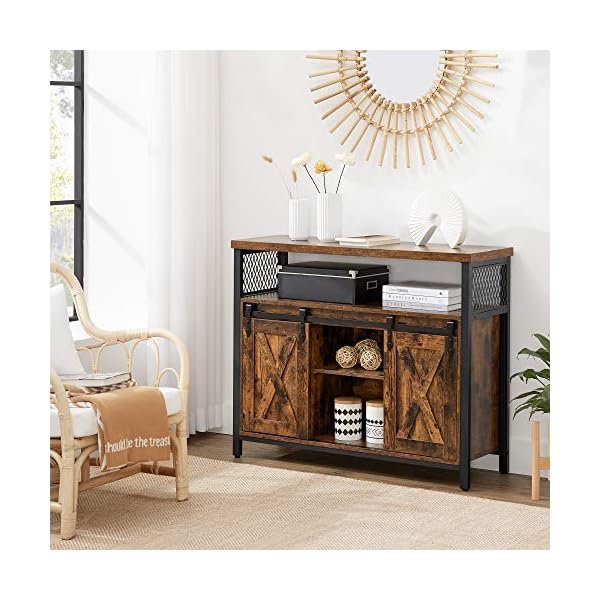 VASAGLE Dining Sideboard, Kitchen Cupboard, Storage Cabinet, Buffet Table with Sliding Barn Doors, Adjustable Shelf, Industrial, for Living Room, Rustic Brown and Black LSC092B01 - Image 3