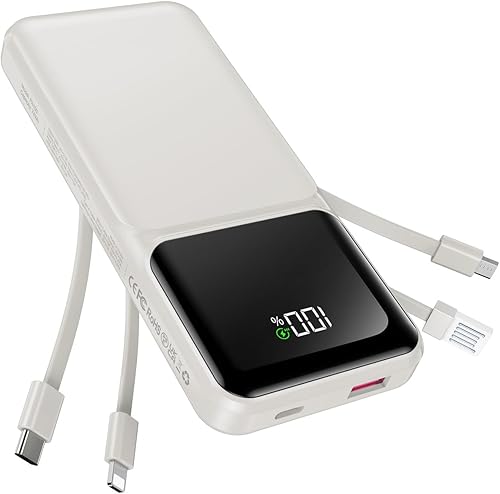 Cargador portátil con cable integrado de 20000 mAh - Pantalla LED USB C de carga rápida de 22.5 W, batería delgada, 5 salidas y 3 entradas para