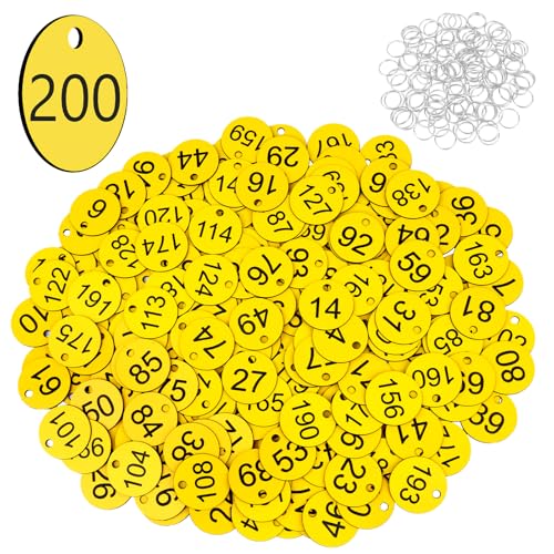 Flintronic Etiquetas Numeradas Número, Llaveros Numerados para Taquillas, Numeros Etiquetas de Plástico, para Taquillas Hoteles Pubs Spa para Identificación Guardarropa, 1-200 Amarillo