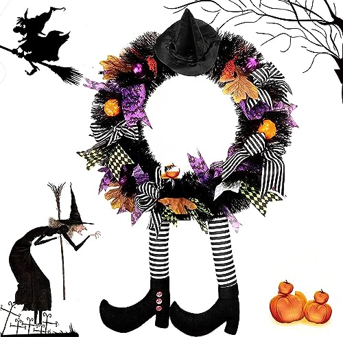 Halloween Wreaths for Front Door, Halloween Witch Wreath Black Wreath with Hat Witches Legs Pumpkin, Halloween Door Wreath Black Witch Wreath for Door,Porch,Window,Indoor and Outdoor Decor Halloween Wreaths for Front Door, Halloween Witch Wreath Black Wreath with Hat Witches Legs Pumpkin, Halloween Door Wreath Black Witch Wreath for Door,Porch,Window,Indoor and Outdoor Decor