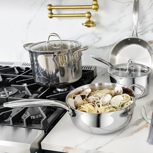 Image of KEAWELL K3 Premium Tri-Ply Fully Clad Stockpot with Lid (8-Qt) | 8-Qt Tri-Ply Fully Clad Stainless Steel Soup Pot; Compatible with All Stovetops; Oven Safe to 600F