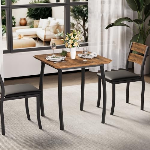 GarveeHome Dining Table Set for 2, Farmhouse 3 Piece Kitchen Table and Chair Set with Upholstered Chair, Metal Frame Dining Room Table and Chairs for Small Space, Apartment, Black+Retro
