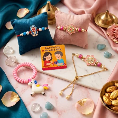 Image of SAUDEEP INDIA Decorative Fridge Magnet for Refrigerator Decor | Family Rakhi Combo Set for Bhaiya Bhabhi & 2 Kids | Raksha Bandhan Gift | Couple Rakhi with Kids Rakhi | Festival Home Decoration