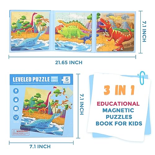 Puzzles magnéticos para niños de 4 a 8 años, juego de rompecabezas imantado de dinosaurios 3 en 1, juguetes de viaje para preescolar, para niños de 3 a 8 años (dinosaurios) miniatura 4