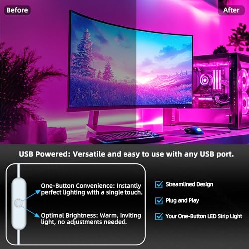 Image of 5V USB LED Cob Pink Strip Light Key Switch Bedroom 3.28ft LEDs Flexible self-Adhesive Light Strip for Stairs, Wardrobe, Kitchen, Mirror, Bedroom, Bar Cabinet