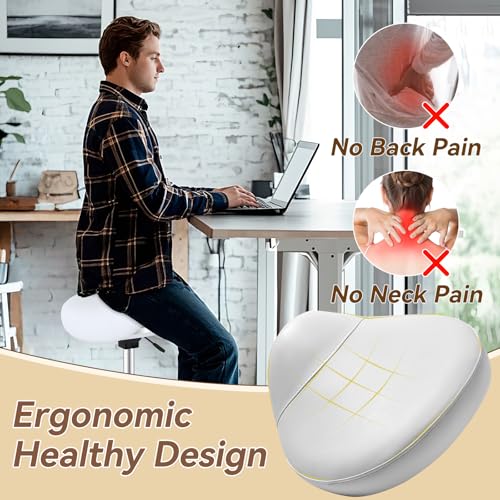 Image of Saddle Stool with Wheels Ergonomic - Thick Wide Saddle Cushion, Healthy Posture No Pain, Easy to Adjust, Smooth Rolling No Creaky Noises, Rolling Swivel Saddle Stool Chair for Salon Massage (White)