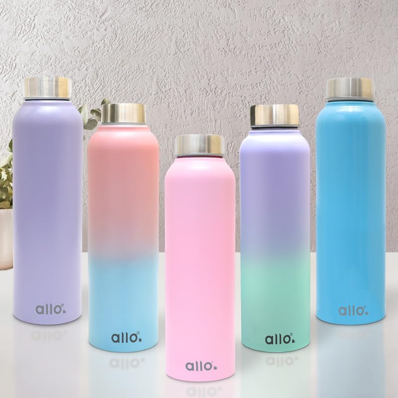 Image of Allo Stainless Steel Water Bottle For Adults, Kids 1 Litre Water Bottles For School, Office, Sports, Gym 1L Water Bottle For Men And Women, Pack Of 5 | Leak Proof, Bpa Free, Multicolor Plain Cap