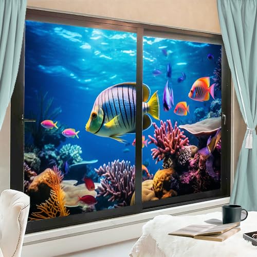 Vinilo decorativo para ventana con diseño coral de peces marinos miniatura 3