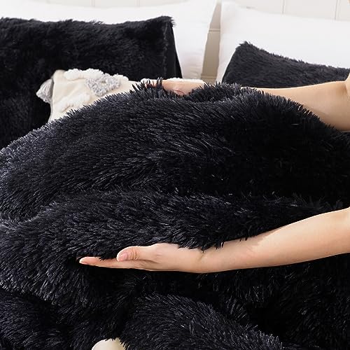 Smoofy Fluffy Twin Comforter Set, Faux Fur Comforter Set, Luxury Fuzzy Twin Bedding Set, Soft Shaggy Bed Set for All Season, 2 Pieces - 1 Comforter & 1 Pillowcase, Black