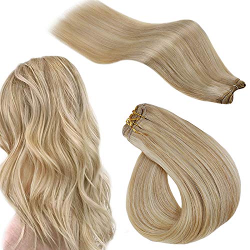 RUNATURE 14inches Real Hair Extensions Sew in Human Hair Bundles Highlight Blonde Hair Extensions for Women 100g Hair Weft Sew in Weave Hair
