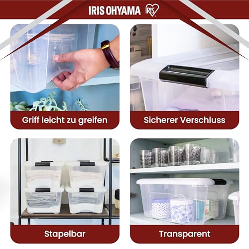 Iris Ohyama, Aufbewahrungsboxen mit Deckel, Kunststoffboxen, Plastikbox, Box mit Deckel, 15L, 4er-Set, Transparent, Verschlussclips, Stapelbar, Organisation, BPA-frei, Plastikboxen, Kisten, NTB-15