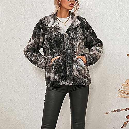 BDCUYAHSKL Herfst en winter vrouwen casual mode revers tie-dye bedrukte zakken dubbelzijdig pluche lange mouwen losse… - Image 5