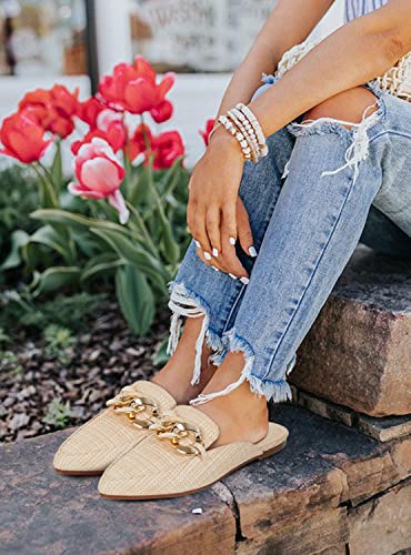 Juliet Holy Womens Mules Flats Pointed Toe Backless Loafers Slip On Metal Chain Slides Beige Yellow #TOP5