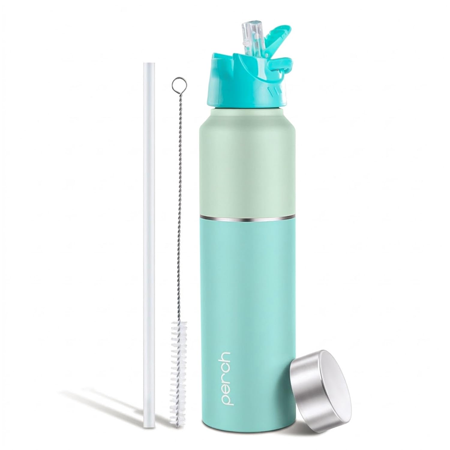 Perch Magic Stainless Steel Water Bottle 1 Ltr | ISI Certified | Single-Wall Fridge Bottle | Dual Cap & Straw Cleaner | BPA Free | for Travel, Gym, School & Home | Cyan | Crafted by Pexpo