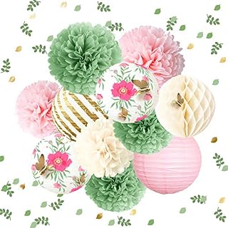 NICROLANDEE 12PCS Green Pink Blooms Tissue Pom Poms Paper Lantern 3D Gold Confetti 50G for Fairy Party, Garden Birthday Party, Wedding, Baby Shower, Holiday, Floral Party Decorations