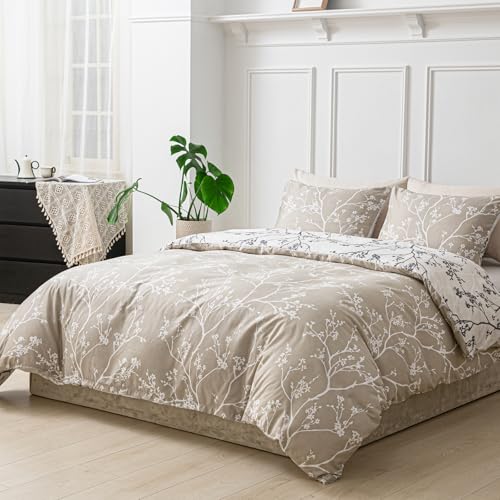 Image of Lekesky King Size Duvet Cover Set, Reversible Duvet Cover King with Branch Pattern, Lightweight Soft Microfiber Comforter Cover, 3 Pieces Khaki Bedding Set with Zipper and 2 Pillowcases