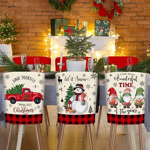 Image of TREWAVE Christmas Chair Covers Set of 6 Buffalo Plaid Santa Claus Chair Back Covers Snowman Holiday Dining Chair Slipcovers Protector Kitchen Dining Room Decor Festival Party Decoration