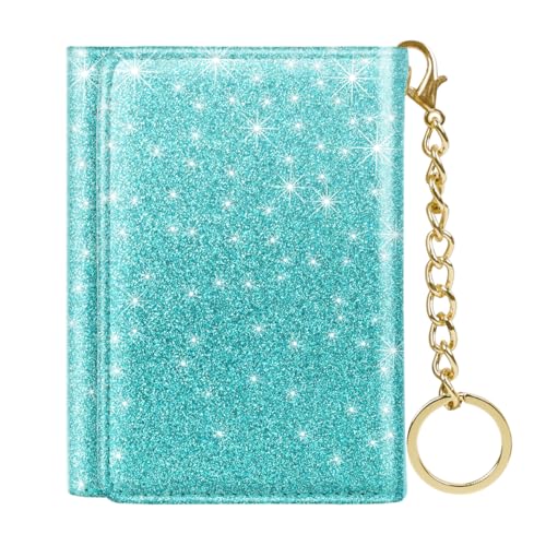 Image of Trifold Small RFID Blocking Wallet Pocket Cute Short Slim Sparkling Credit Card Holder Leather Keychain Ladies Mini Purse with ID Window, Glitter Blue Green