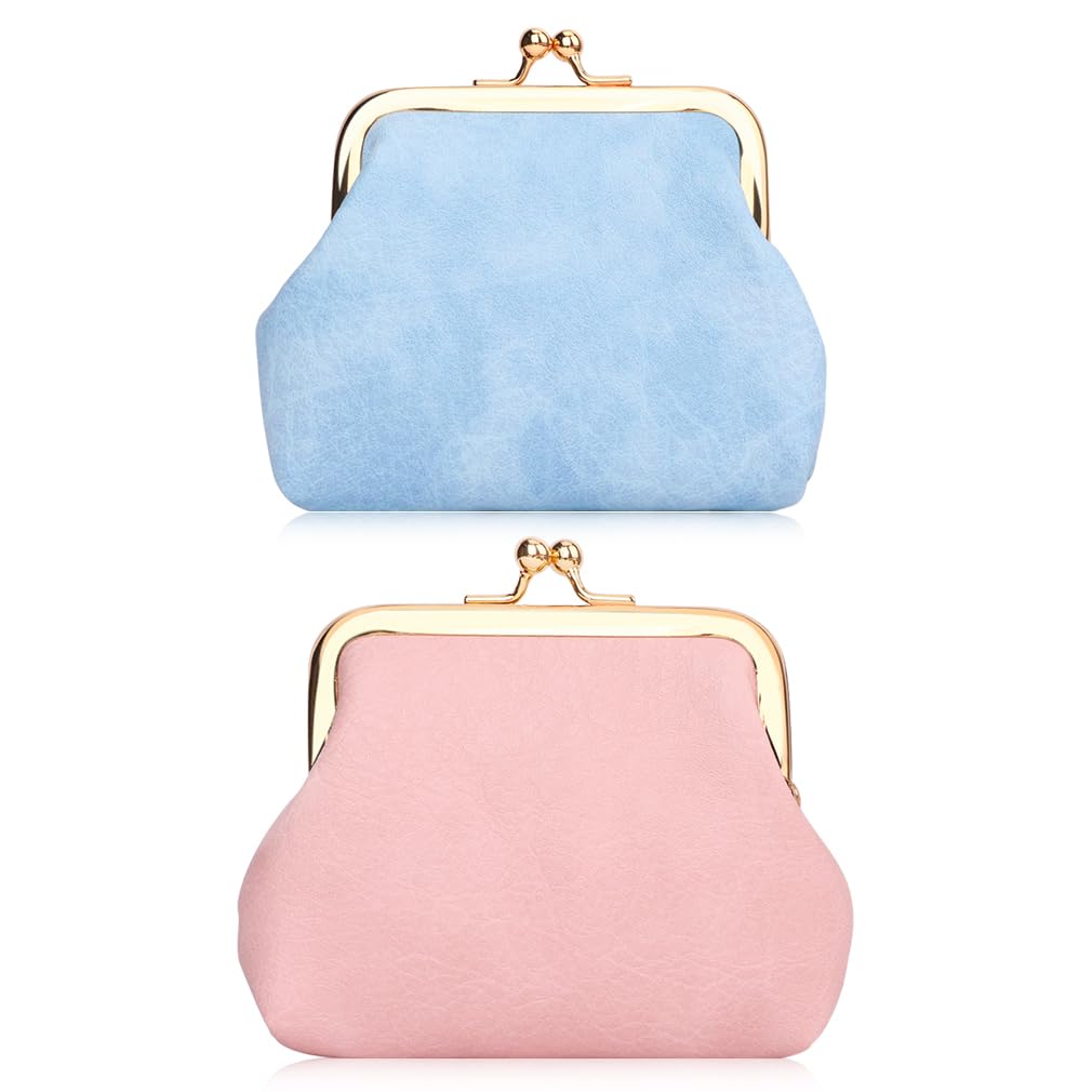 Oyachic 2 Packs Leather Coin Purse PU Car Change Holder Kiss lock Change Pouch with Clasp Vintage Wallets Small Money Bag For Men,Women,Blue and Pink