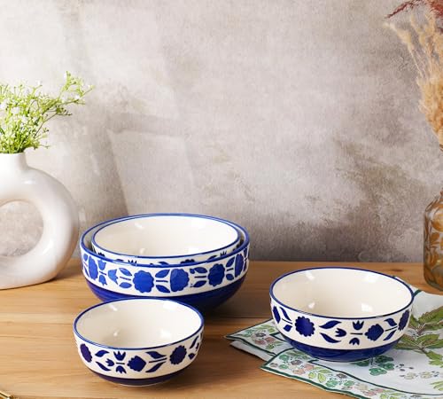 Image of Niyara Stoneware Handmade Ceramic Stylish Premium Serving Bowls /Salad Tray Microwave Dishwasher Safe Set of 4 (Blue Floral Print Bowl)