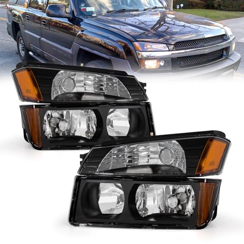 AS Headlight Assembly for 2002 2003 2004 2005 2006 Chevy Avalanche 1500 2500 Black Housing Amber Reflector Passenger and Driver Side