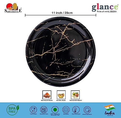 Image of Melamine Dinner Plates Set of 6, 11 Inch Round Full Serving Plates, Lightweight, Break Resistant, Dishwasher Safe, Food Grade - Black Marble Design