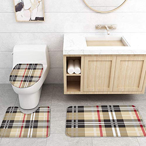 Zadaling 4 Piece Shower Curtain Sets With Non-Slip Rug, Toilet Lid Cover, Bath Mat And 12 Hooks,Geometric Line Stripe Plaid Durable Waterproof Shower Curtain For Bathroom #TOP3