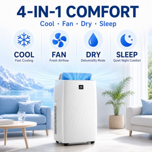 Image of 14000 BTU Portable Air Conditioners, 4-in-1 AC Unit with Cooling, Fan, Dehumidifier and Sleep Modes, for Rooms Up to 750 Sq.Ft, Remote Control, 24H Timer, Window Kit for Bedroom Apartment Dorm