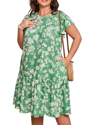 Image of ShopWonder Womens Plus Size Dress Crew Neck Ruffle Sleeve Casual Swing Flowy Tiered Midi T Shirt Dresses with Pockets