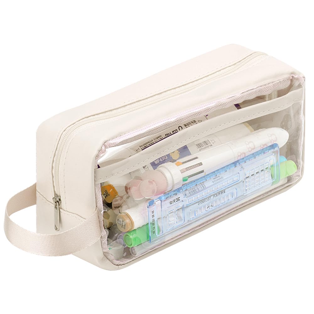 HCFGS Clear Pencil Case, Clear Exam Pencil Case Transparent Waterproof PVC Clear Toiletries Storage Pouch Bag – Ideal for Stationery, Cosmetic, Makeup, Travel & Office Supplies (White)
